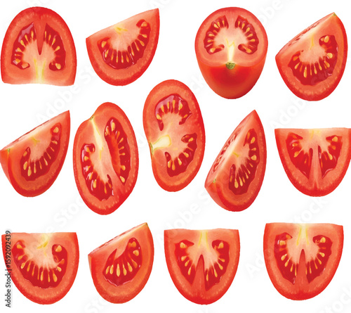 vector set of tomato, tomato, vegetable, food, red, isolated, slice, cut, fresh, fruit, ripe, white, healthy