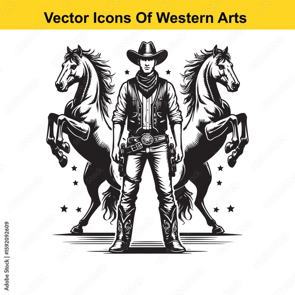Fototapeta premium Cowboy with Two Rearing Horses – Black and White Western Vector Illustration