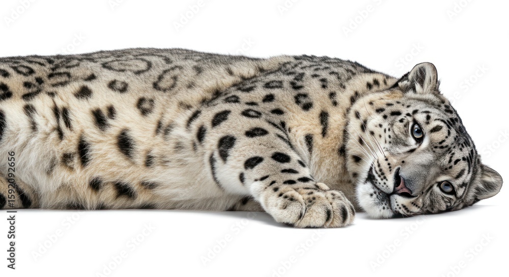 Obraz premium Leopard Cub Lying Down on White Background in Relaxed Pose