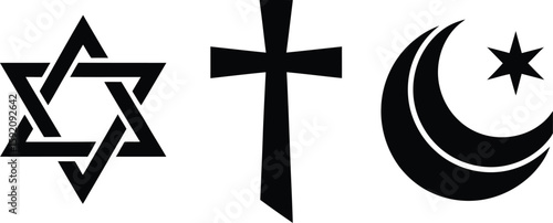 Three religious symbols in black on a white background including a star of david a cross and a crescent moon