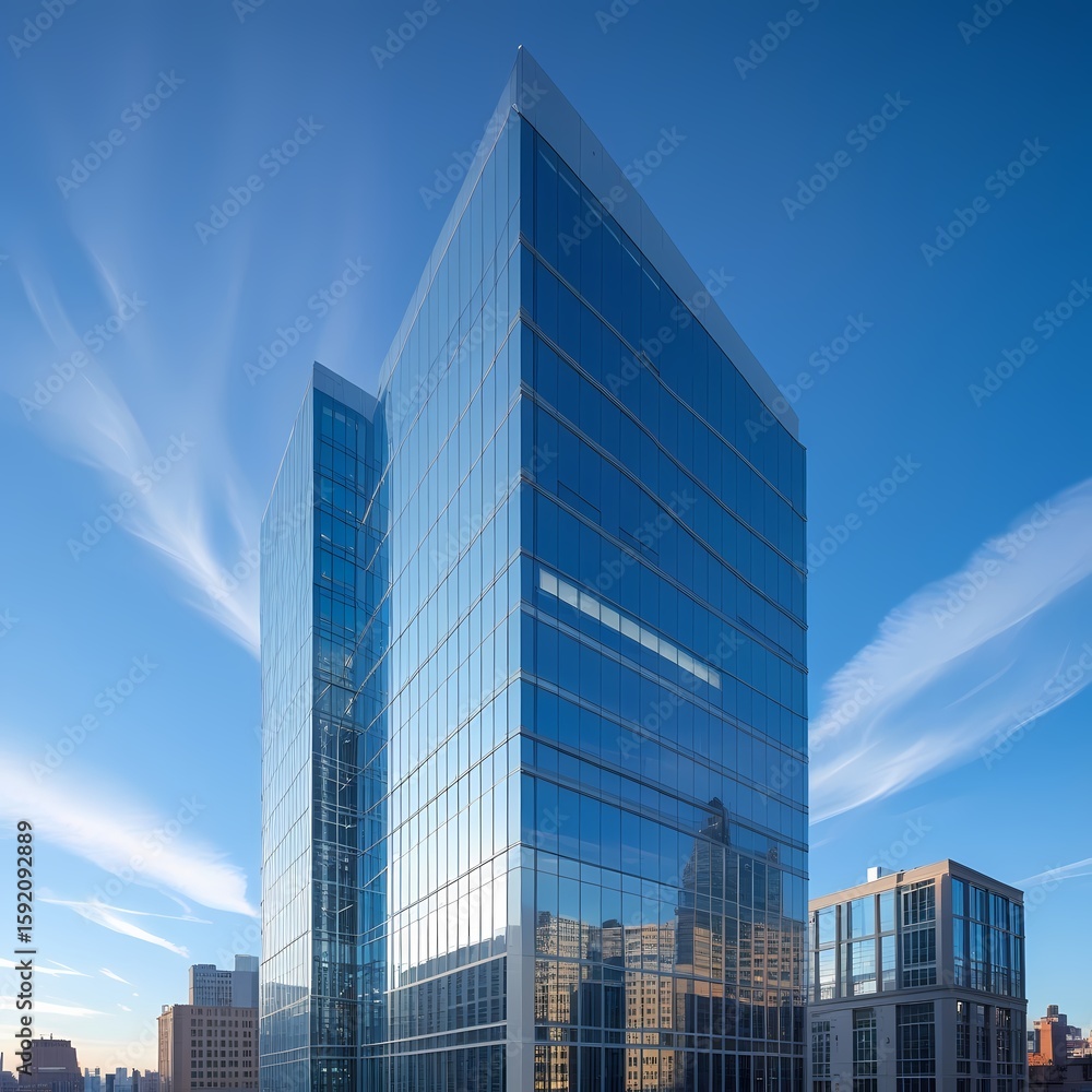 Fototapeta premium Modern office building with blue sky, Genentive AI