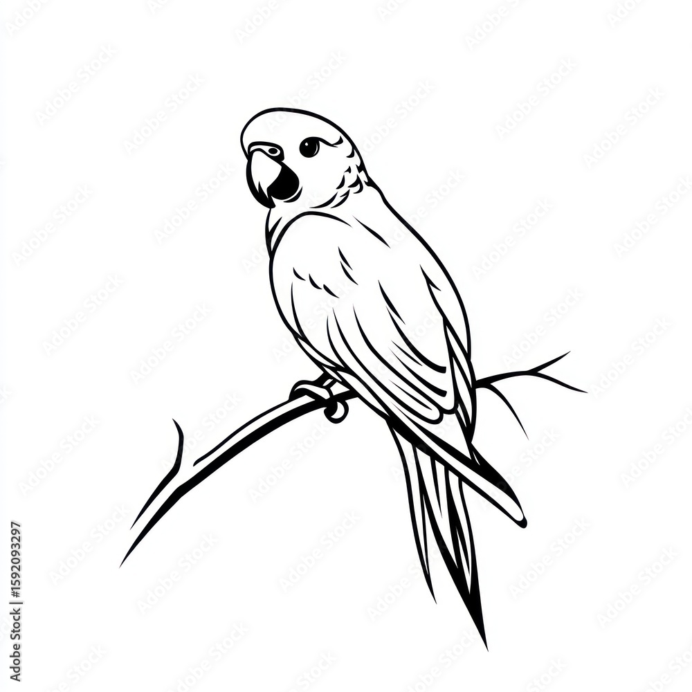 Fototapeta premium Simple black and white line drawing of a parrot perched on a branch