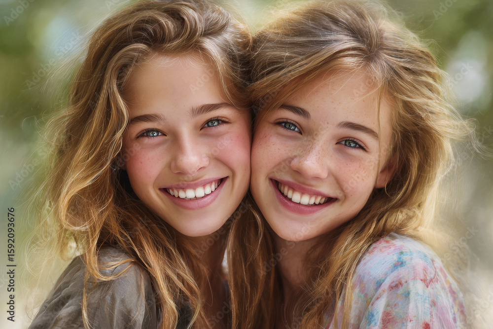 Close-up portrait of two happy teenage girls smiling outdoors with natural light and soft background Close-up portrait of two happy teenage girls smiling outdoors with natural light and soft background