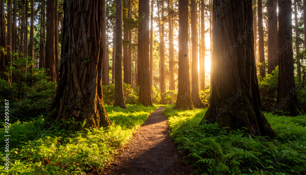 Obraz premium Sunlit Path Through Lush Green Forest