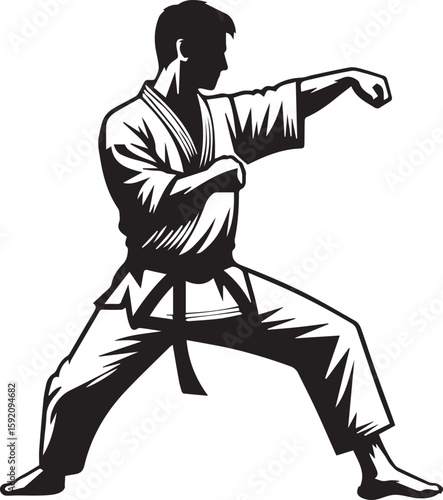 Monochrome vector illustration of a martial artist in a traditional gi, executing a powerful punch from a low karate fighting stance