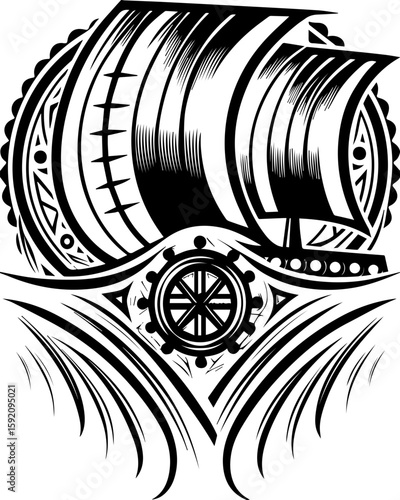 SVG skull and skeleton ghost in tattoo style. Black and White Illustration of a Classic Sailing Ship Design