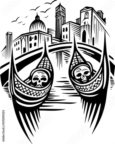 SVG skull and skeleton ghost in tattoo style. Black and White Illustration of Gondolas on Venice Canal with Skyline