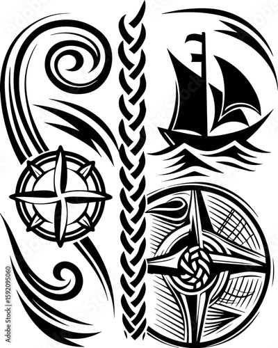 SVG skull and skeleton ghost in tattoo style. Nautical Tattoo Designs Featuring Sailboat, Compass, and Waves