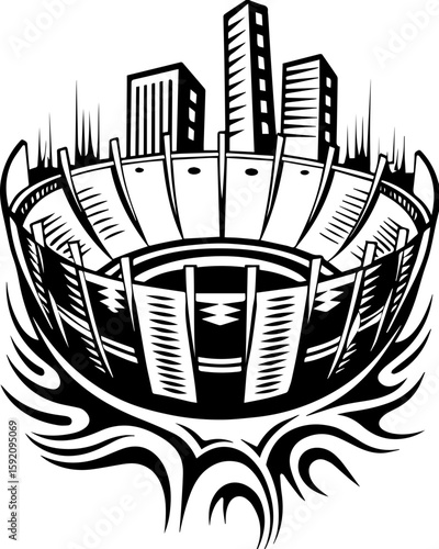 SVG skull and skeleton ghost in tattoo style. Dynamic Black and White Stadium Design with Urban Skyline Elements