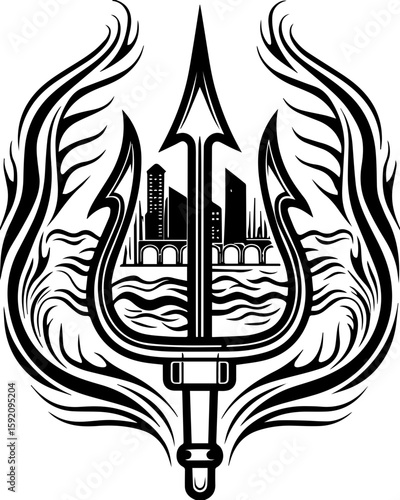 SVG skull and skeleton ghost in tattoo style. Artistic Black and White Illustration of a Trident with City Skyline