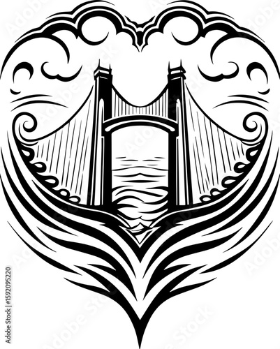 SVG skull and skeleton ghost in tattoo style. Artistic Black and White Design of a Bridge Surrounded by Waves