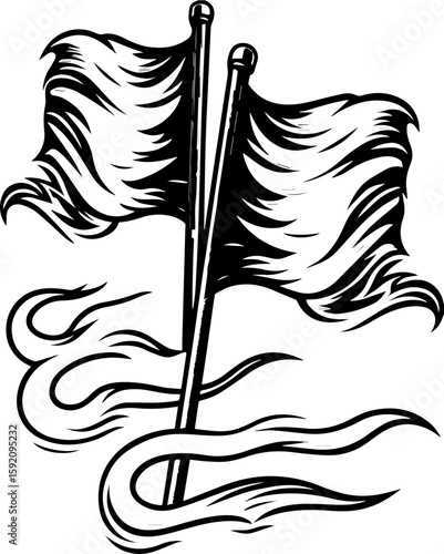 SVG skull and skeleton ghost in tattoo style. Elegant Black and White Illustration of Two Flowing Flags in Motion