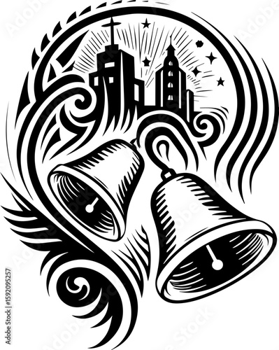 SVG skull and skeleton ghost in tattoo style. Vintage Style Illustrated Church Bells with City Skyline Background