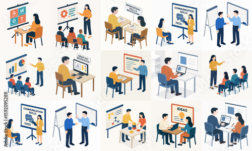 Isometric Style Group of People Attending a Training or Seminar Session Illustration