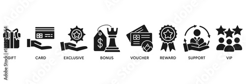 Loyalty program icon set vector illustration concept relate to gift, card, exclusive, bonus, voucher, reward, support, vip