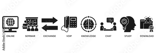 E-learning icon set vector illustration concept relate to online, seminar, exchange, voip, knowledge, chat, study and download