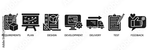 Business agility icon set vector illustration concept relate to requirements, plan, design, development, delivery, test, feedback