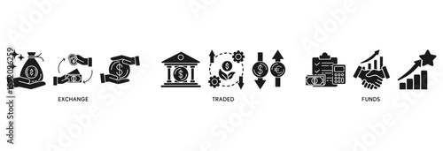 ETF icon set vector illustration concept relate to Exchange Traded Funds Stock Market Investment with icon of money, cash flow, trading, transaction, bank, accounting, and growth