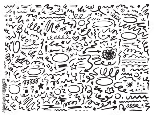 Marker scribble elements collection. Grunge hand drawn shapes, icons, strokes, underlines, wave brush marks. Vector set isolated on white background.