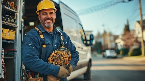 Happy Electrician with Suburban Street.