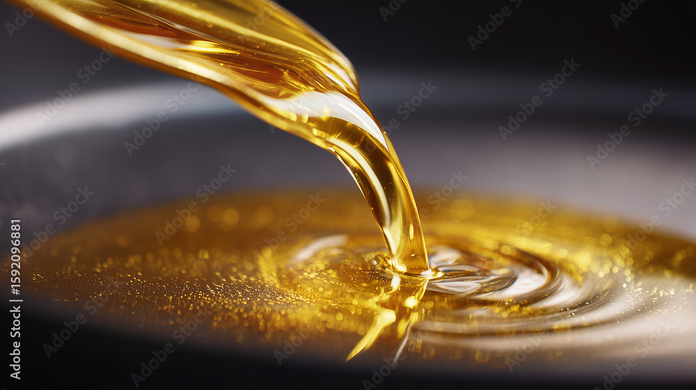 Cooking oil being poured into a frying pan in the kitchen, close-up view, preparation for frying food, bright lighting, fresh and clean atmosphere. Cooking oil being poured into a frying pan in the kitchen, close-up view, preparation for frying food, bright lighting, fresh and clean atmosphere.