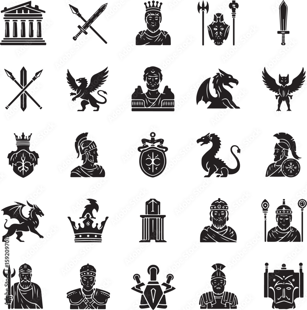 Fototapeta premium Black Silhouette of a King with Crown and Beard Medieval Style.