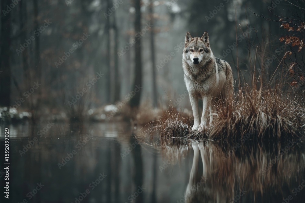Fototapeta premium Water reflection mirrors husky's majestic beauty. Dog pool search. Ensure safe aquatic fun for dogs with vet's expert swimming guidelines. Innovative pet care. Pet aquatic fun.