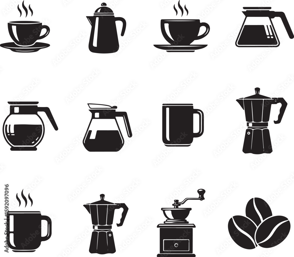 Obraz premium Coffee and Tea Icons Cups Pots Moka Pot Grinder and Beans in Black Silhouette.