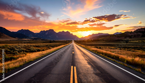 Vibrant Sunset Over a Scenic Highway Winding Through Mountains