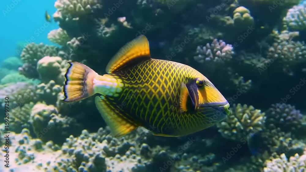 Triggerfish swims coral reef ocean. Triggerfish swims coral reef ocean.