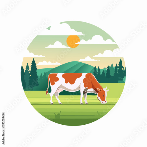 The cow eating grass at the countryside farm field vector illustration isolated on white background