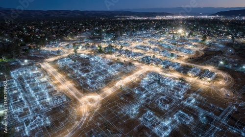 Aerial view of a developing suburban neighborhood at twilight, illuminated by car light trails and overlaid with architectural plans