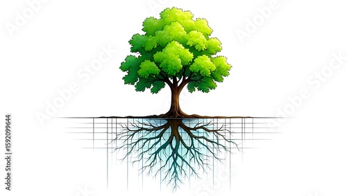 Illustration of a tree with roots visible in the ground, tree root system art