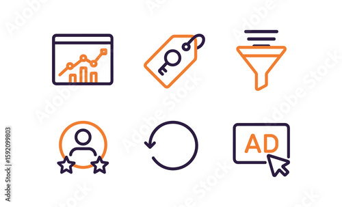 Digital marketing icons: analytics, tags, funnels, profiles, refresh, advertisements