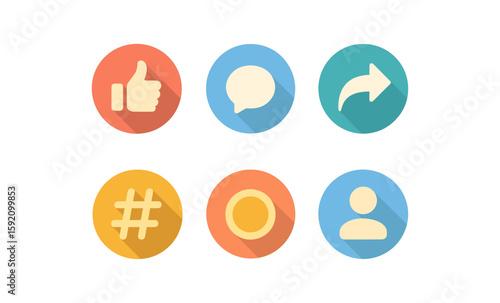 Flat icons set: social media interaction symbols with long shadows