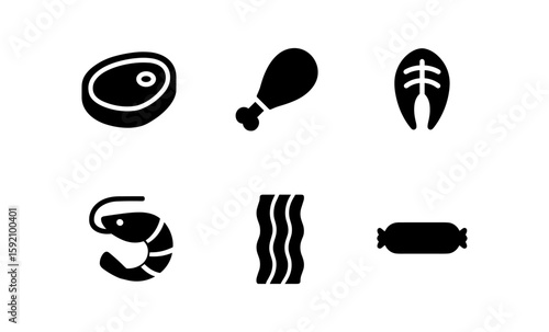 Set of six meat icons in minimal silhouette style