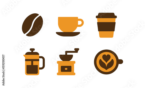 Minimalist coffee icons: beans, cups, and brewing tools set