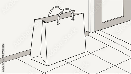 Illustration of a shopping bag on the floor near a door, depicting retail and consumerism concept
