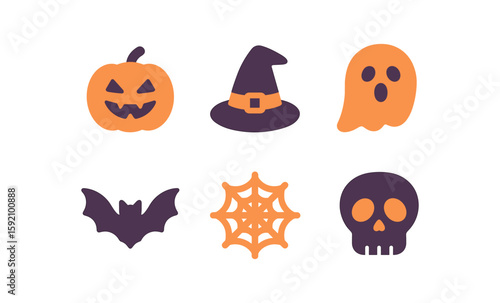 Halloween icons set with pumpkin, witch hat, and ghost in flat style