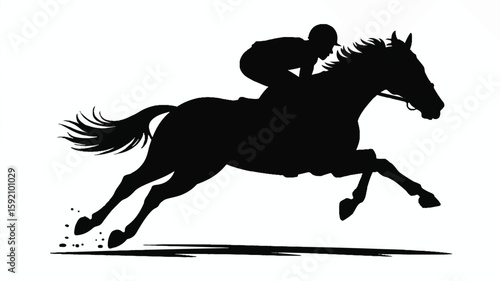 Dynamic black and white silhouette of a horse and rider in motion