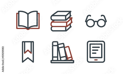 Minimalist linear design icons of books, glasses, and e-reader for educational themes