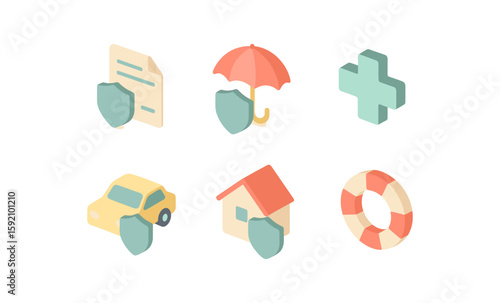 Isometric insurance icons: home, health, life, car, document, umbrella