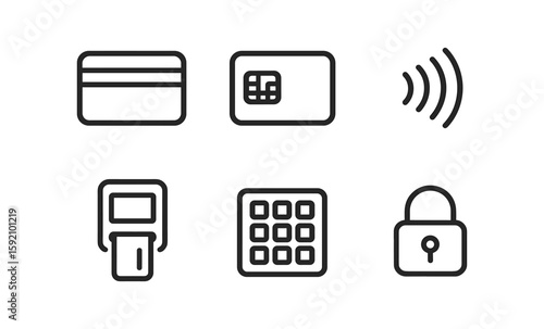 Minimalist payment icons featuring card, chip, contactless, and security elements