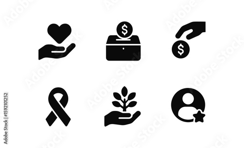 Charity icon set: heart, donation box, ribbon, growth, community