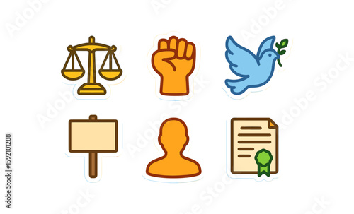 Colorful human rights icons collection featuring symbols of justice, peace, and equality