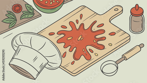 Chef kitchen cooking preparation with tomato sauce on board and chef hat illustration vector art