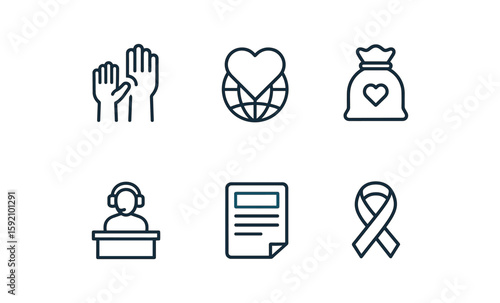 Charity outline icons set: volunteering, donation, support, ribbon, global love