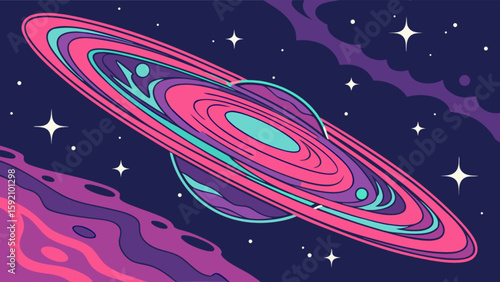 Outlined planet with rings vector illustration in space background for astronomy and science designs