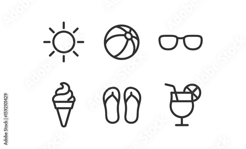 Minimal summer icons: sun, beach ball, sunglasses, ice cream, flip flops, refreshing drink