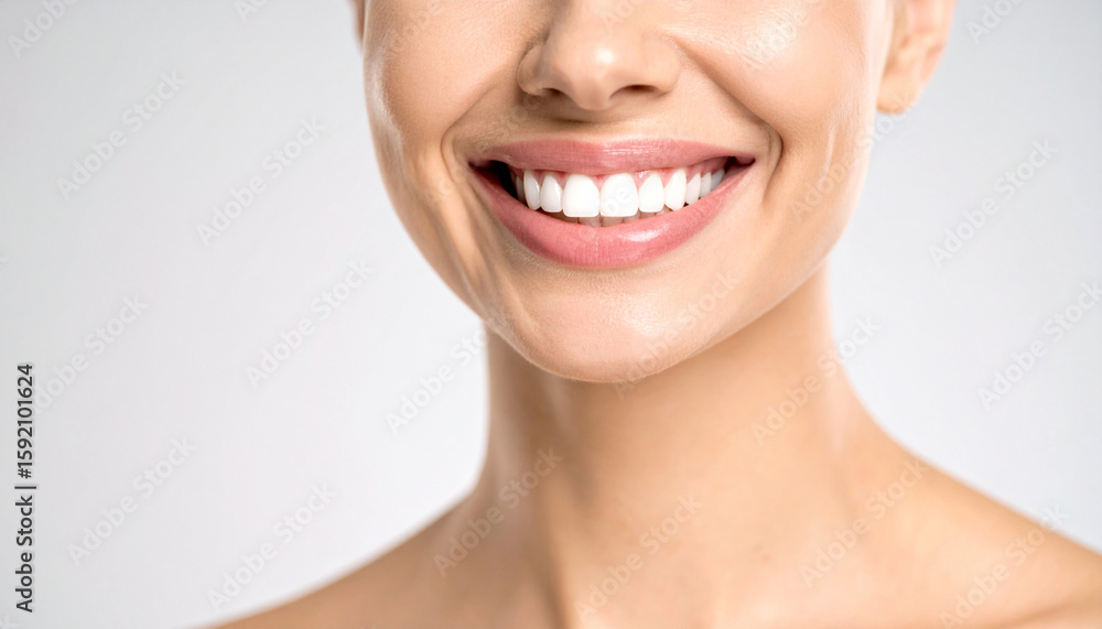 Fototapeta premium A close-up of a young woman’s mouth smiling with perfect white teeth